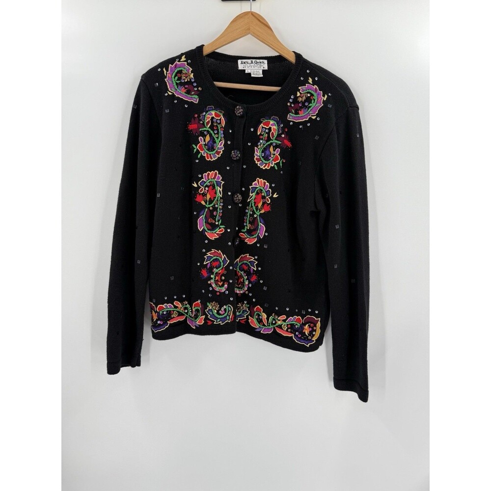 Jack B. Quick Mardi Gras Party Sweater Cardigan LARGE With Beads & Sequins EUC